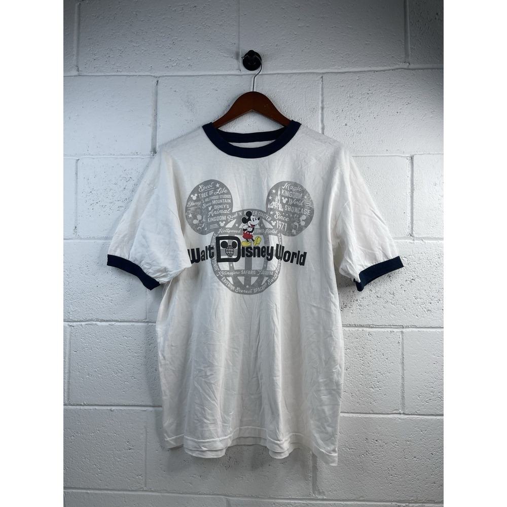Disney Parks‎ Mens T-Shirt XL White Graphic Print Mickey Mouse Ringer Logo
